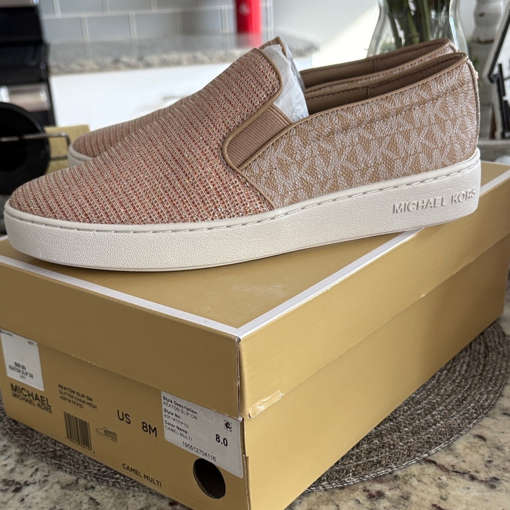 Michael Kors Tan and White Slip-On Sneakers